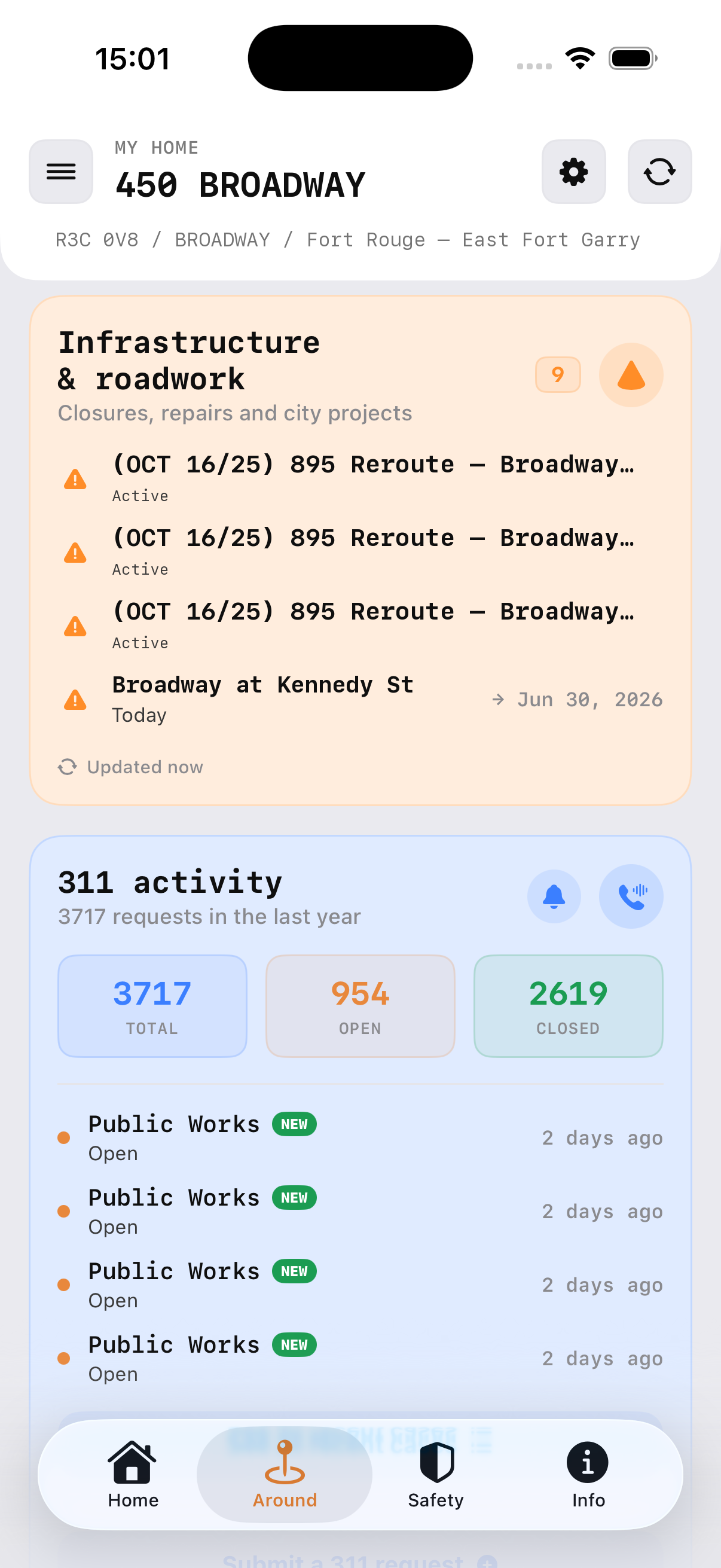 Around tab — infrastructure, road work and 311 activity