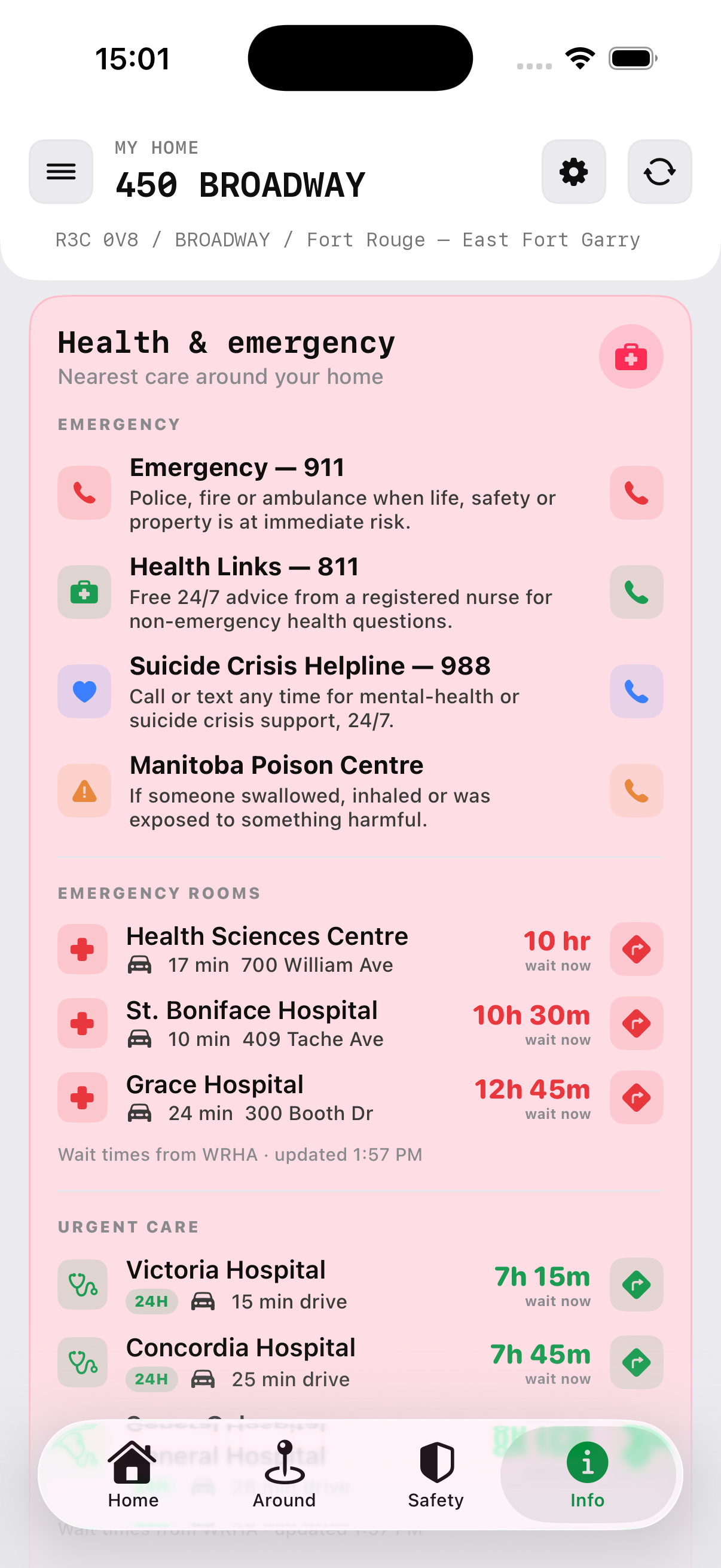 Info tab — nearest ERs, urgent care and emergency numbers